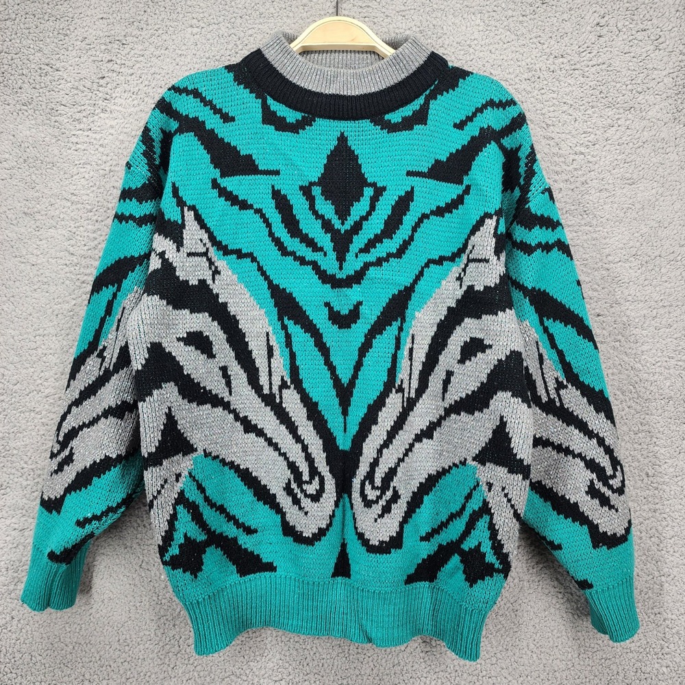 Vintage Licorice Teal Black Silver Metallic Abstract Knit Mock Neck Sweater